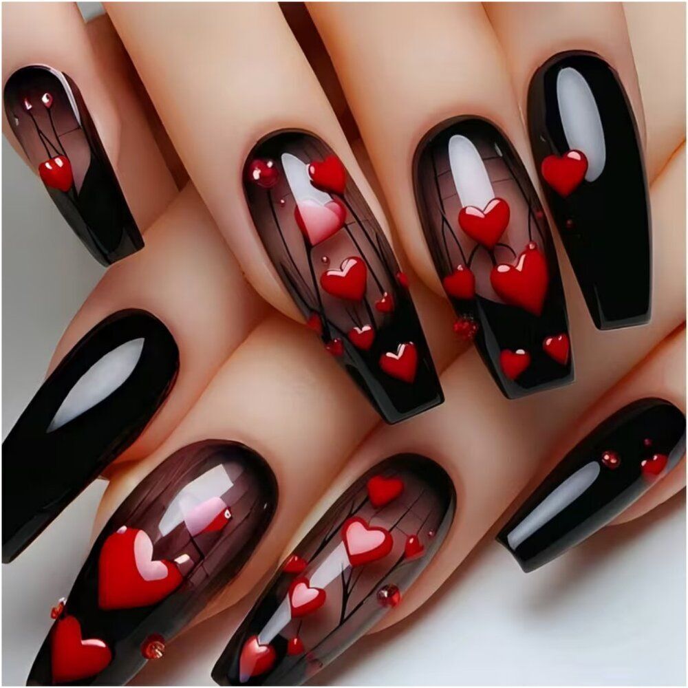 NWT Gothic Black Red 3D Heart Press On Nails 24pc Coffin Long Valentine
